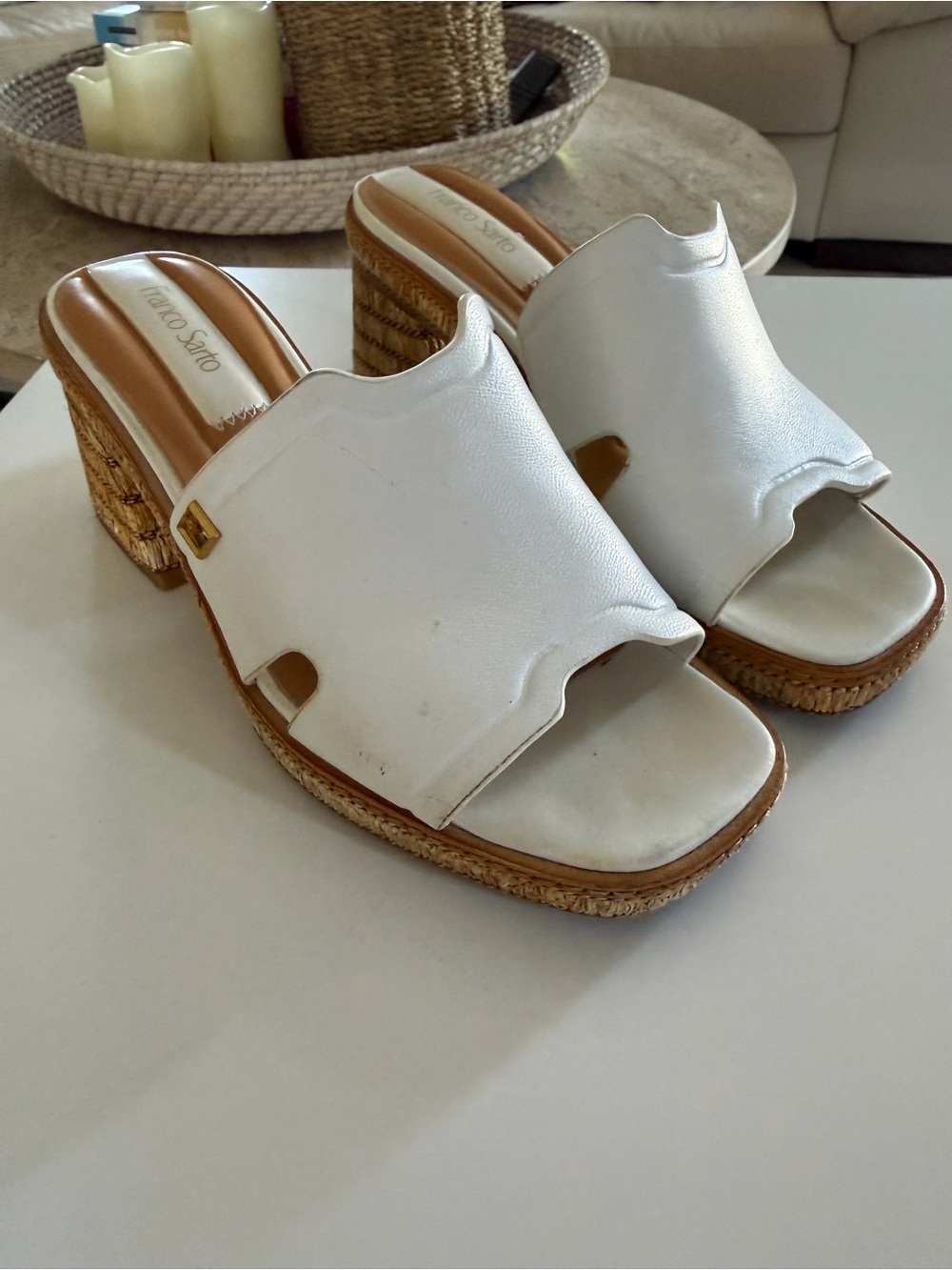 Franco Sarto White Leather Cork-Style Wedge Slide Mules